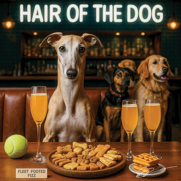 Hair of the Dog Greyhound 008 Ruff & Ready Funny Canine Art neon lights, bacon-woven flair, and egg murals