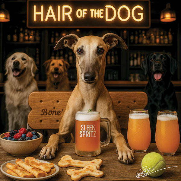 Hair of the Dog Greyhound 011 Ruff & Ready Funny Canine Art neon lights, bacon-woven flair, and egg murals