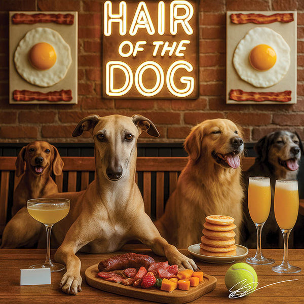 Hair of the Dog Greyhound 014 Ruff & Ready Funny Canine Art neon lights, bacon-woven flair, and egg murals