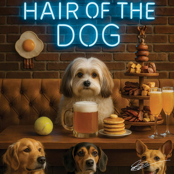 Hair of the Dog Havanese 007 Ruff & Ready Funny Canine Art neon lights, bacon-woven flair, and egg murals