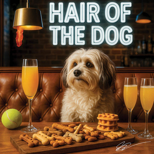Hair of the Dog Havanese 014 Ruff & Ready Funny Canine Art neon lights, bacon-woven flair, and egg murals