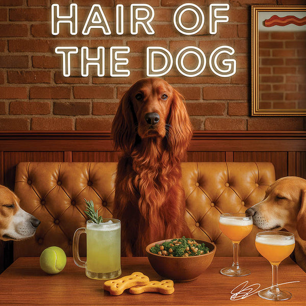 Hair of the Dog Irish Setter 010 Ruff & Ready Funny Canine Art neon lights, bacon-woven flair, and egg murals