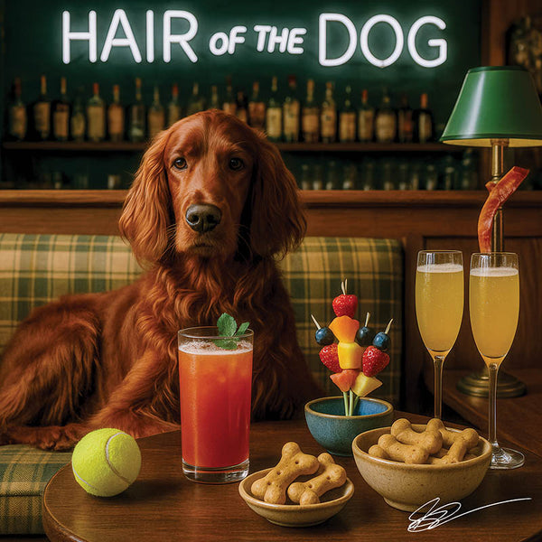 Hair of the Dog Irish Setter 013 Ruff & Ready Funny Canine Art neon lights, bacon-woven flair, and egg murals