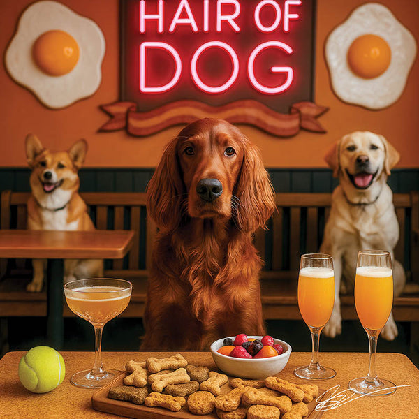 Hair of the Dog Irish Setter 014 Ruff & Ready Funny Canine Art neon lights, bacon-woven flair, and egg murals
