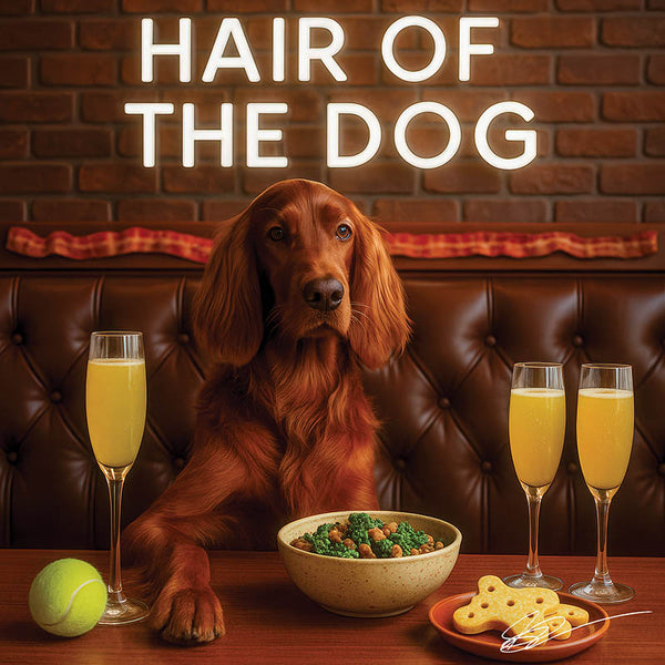 Hair of the Dog Irish Setter 015 Ruff & Ready Funny Canine Art neon lights, bacon-woven flair, and egg murals