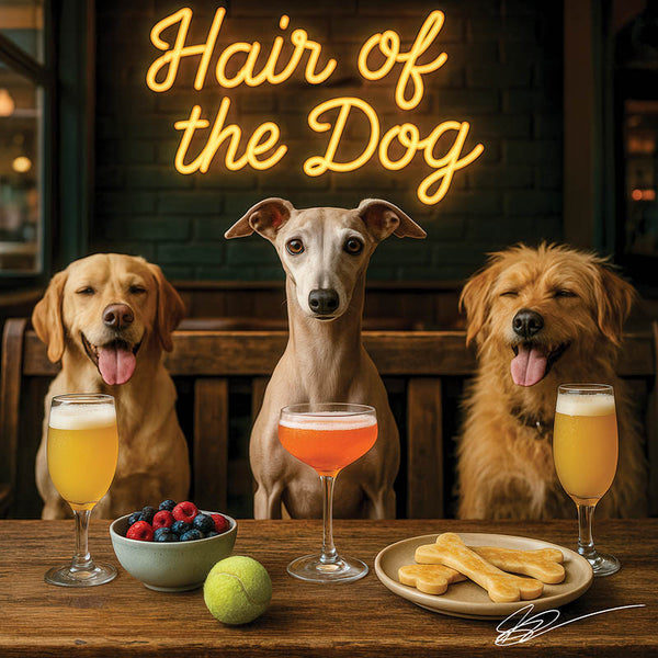 Hair of the Dog Italian Greyhound 003 Ruff & Ready Funny Canine Art neon lights, bacon-woven flair, and egg murals