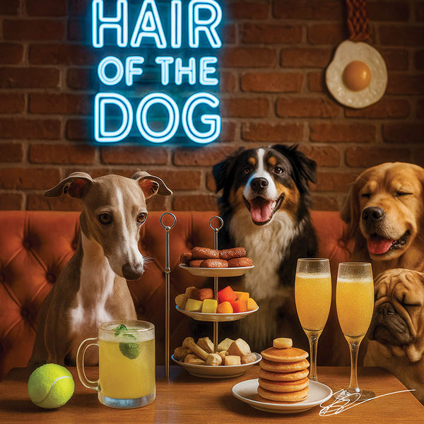 Hair of the Dog Italian Greyhound 004 Ruff & Ready Funny Canine Art neon lights, bacon-woven flair, and egg murals