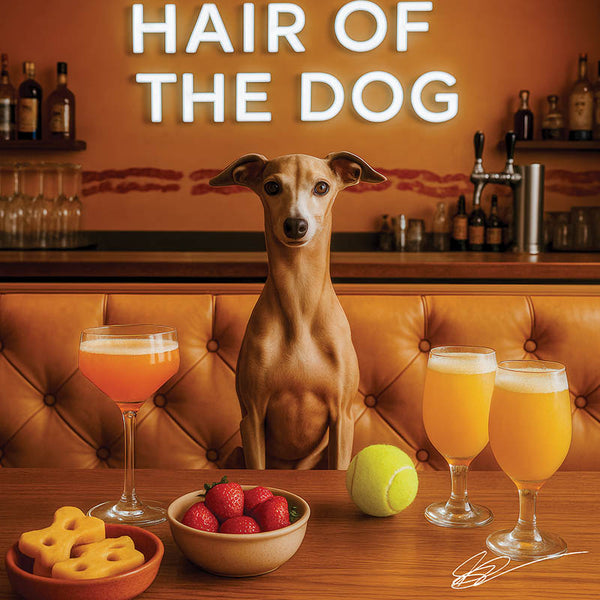 Hair of the Dog Italian Greyhound 011 Ruff & Ready Funny Canine Art neon lights, bacon-woven flair, and egg murals