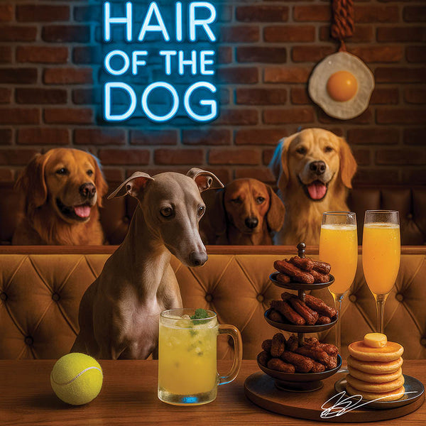 Hair of the Dog Italian Greyhound 014 Ruff & Ready Funny Canine Art neon lights, bacon-woven flair, and egg murals