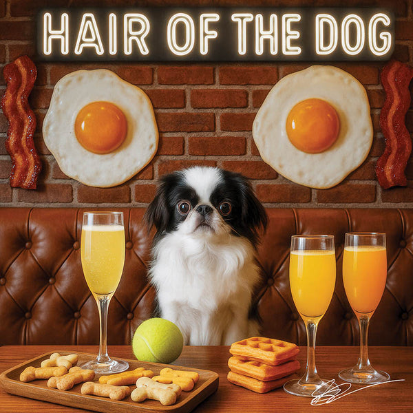Hair of the Dog Japanese Chin 002 Ruff & Ready Funny Canine Art neon lights, bacon-woven flair, and egg murals