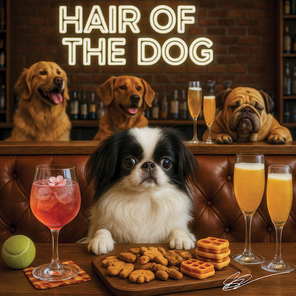 Hair of the Dog Japanese Chin 007 Ruff & Ready Funny Canine Art neon lights, bacon-woven flair, and egg murals