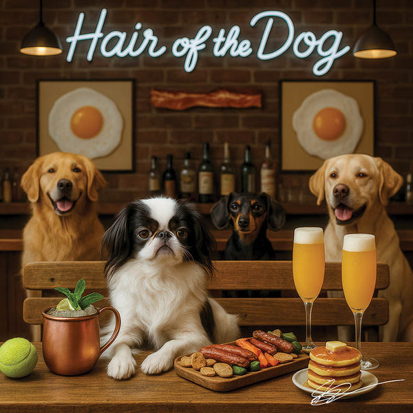 Hair of the Dog Japanese Chin 010 Ruff & Ready Funny Canine Art neon lights, bacon-woven flair, and egg murals