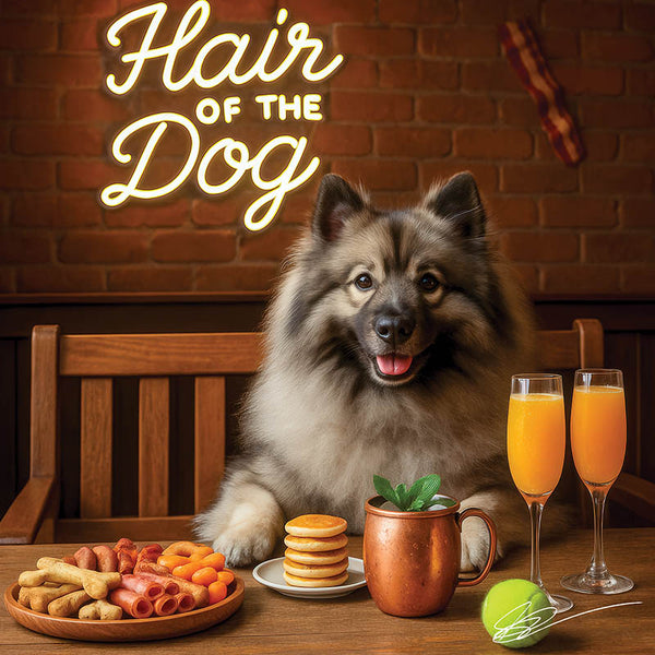 Hair of the Dog Keeshond 008 Ruff & Ready Funny Canine Art neon lights, bacon-woven flair, and egg murals