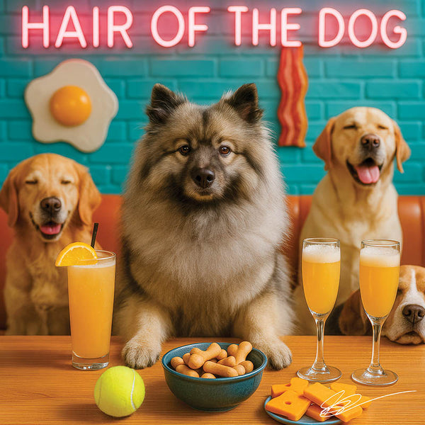 Hair of the Dog Keeshond 011 Ruff & Ready Funny Canine Art neon lights, bacon-woven flair, and egg murals