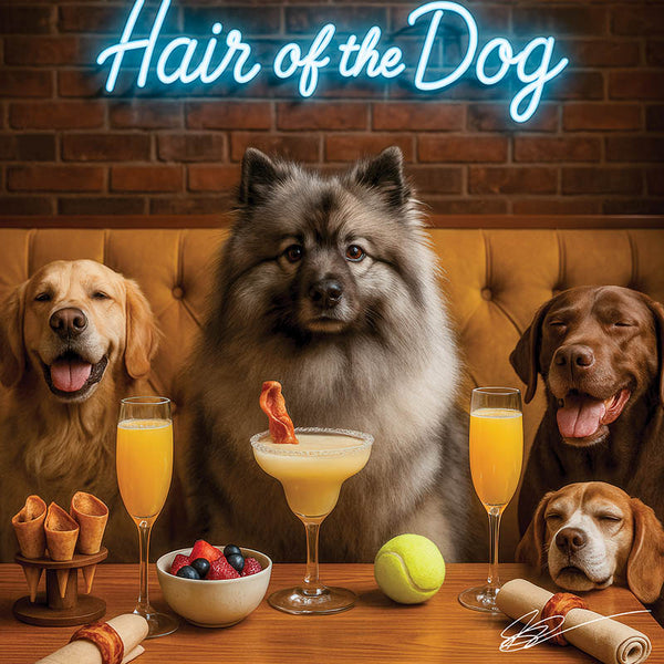 Hair of the Dog Keeshond 013 Ruff & Ready Funny Canine Art neon lights, bacon-woven flair, and egg murals