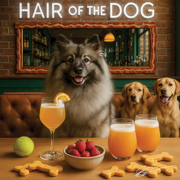 Hair of the Dog Keeshond 016 Ruff & Ready Funny Canine Art neon lights, bacon-woven flair, and egg murals