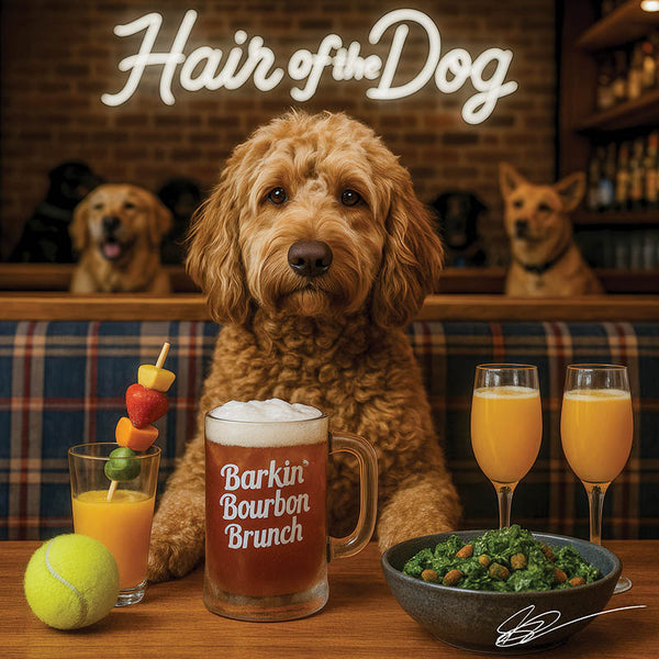 Hair of the Dog Labradoodle 003 Ruff & Ready Funny Canine Art neon lights, bacon-woven flair, and egg murals