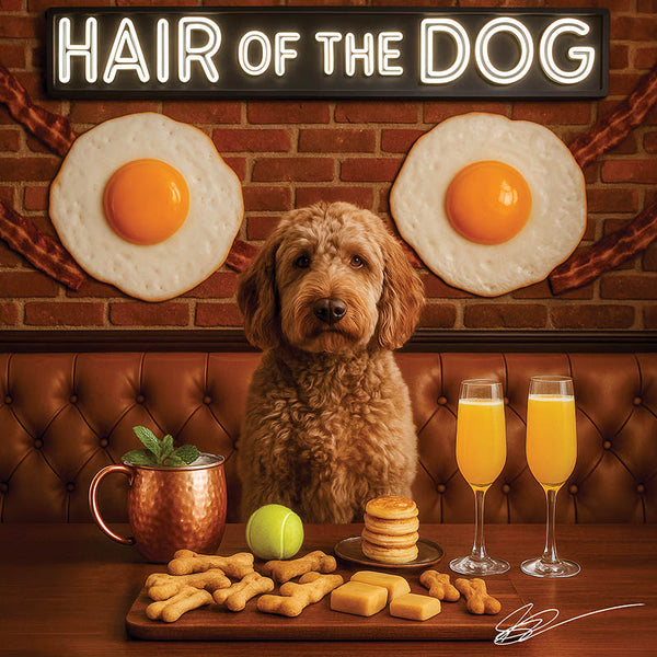 Hair of the Dog Labradoodle 008 Ruff & Ready Funny Canine Art neon lights, bacon-woven flair, and egg murals