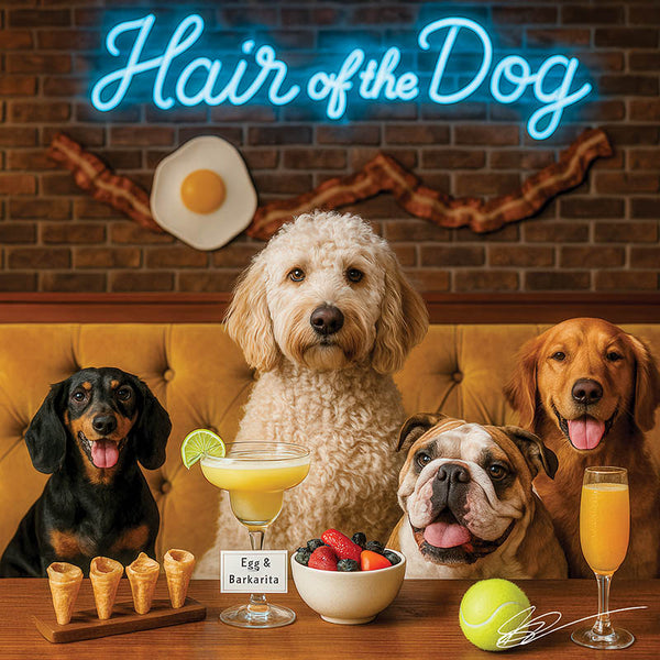 Hair of the Dog Labradoodle 010 Ruff & Ready Funny Canine Art neon lights, bacon-woven flair, and egg murals