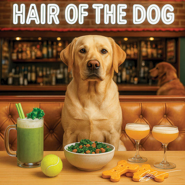 Hair of the Dog Labrador Retriever 006 Ruff & Ready Funny Canine Art neon lights, bacon-woven flair, and egg murals