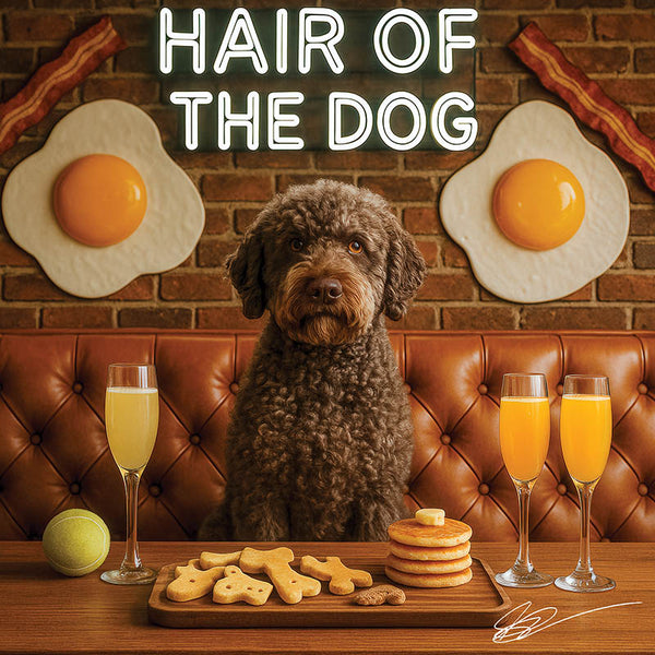 Hair of the Dog Lagotto Romagnol 001 Ruff & Ready Funny Canine Art neon lights, bacon-woven flair, and egg murals