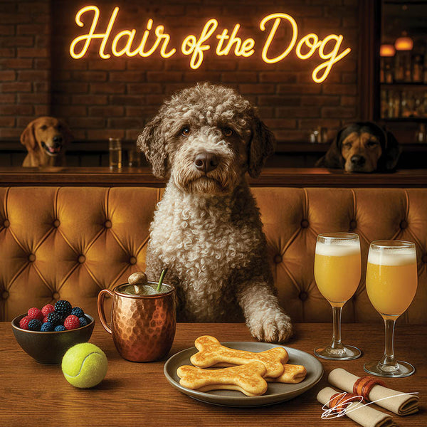 Hair of the Dog Lagotto Romagnol 002 Ruff & Ready Funny Canine Art neon lights, bacon-woven flair, and egg murals