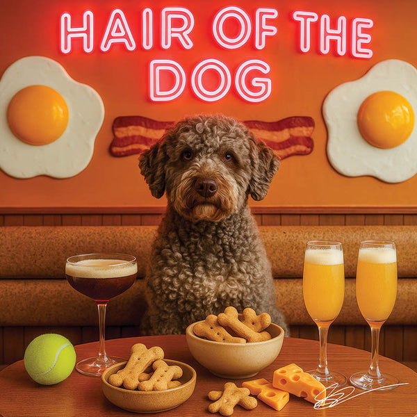 Hair of the Dog Lagotto Romagnol 004 Ruff & Ready Funny Canine Art neon lights, bacon-woven flair, and egg murals