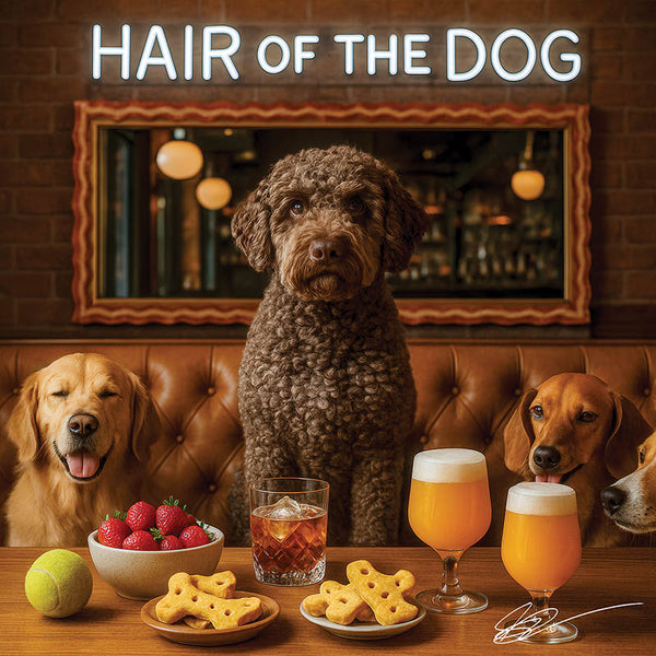 Hair of the Dog Lagotto Romagnol 006 Ruff & Ready Funny Canine Art neon lights, bacon-woven flair, and egg murals