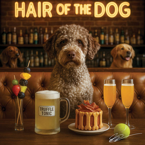 Hair of the Dog Lagotto Romagnol 007 Ruff & Ready Funny Canine Art neon lights, bacon-woven flair, and egg murals