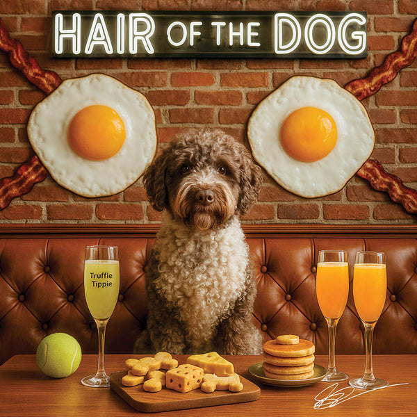 Hair of the Dog Lagotto Romagnol 008 Ruff & Ready Funny Canine Art neon lights, bacon-woven flair, and egg murals