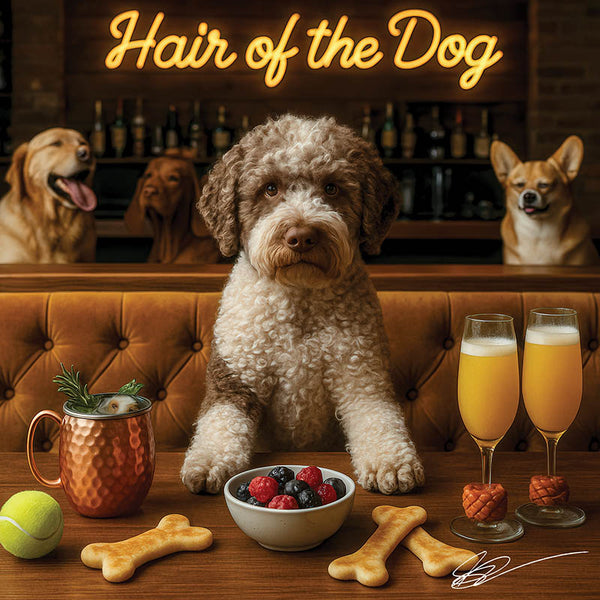 Hair of the Dog Lagotto Romagnol 009 Ruff & Ready Funny Canine Art neon lights, bacon-woven flair, and egg murals