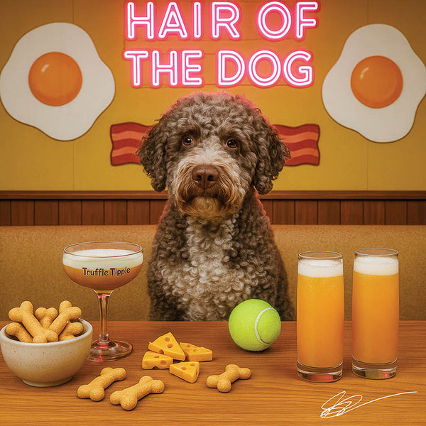 Hair of the Dog Lagotto Romagnol 012 Ruff & Ready Funny Canine Art neon lights, bacon-woven flair, and egg murals