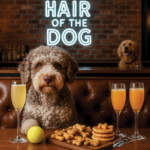 Hair of the Dog Lagotto Romagnol 017 Ruff & Ready Funny Canine Art neon lights, bacon-woven flair, and egg murals