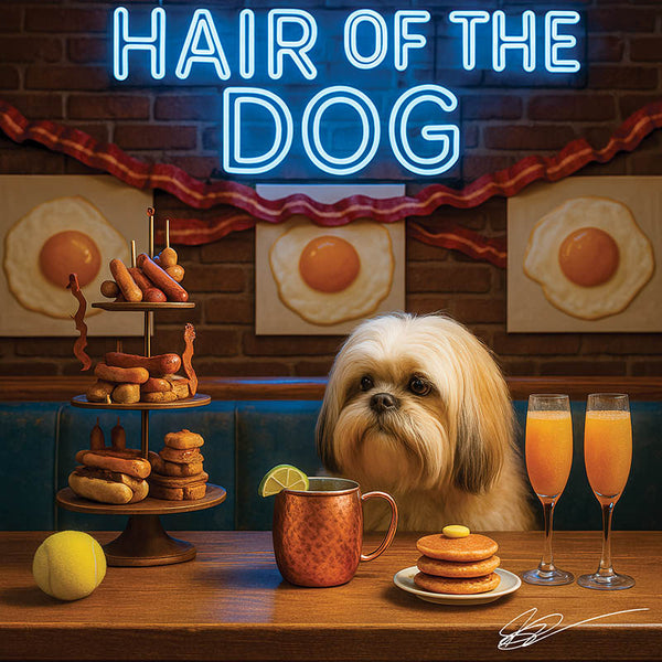 Hair of the Dog Lhasa Apso 002 Ruff & Ready Funny Canine Art neon lights, bacon-woven flair, and egg murals