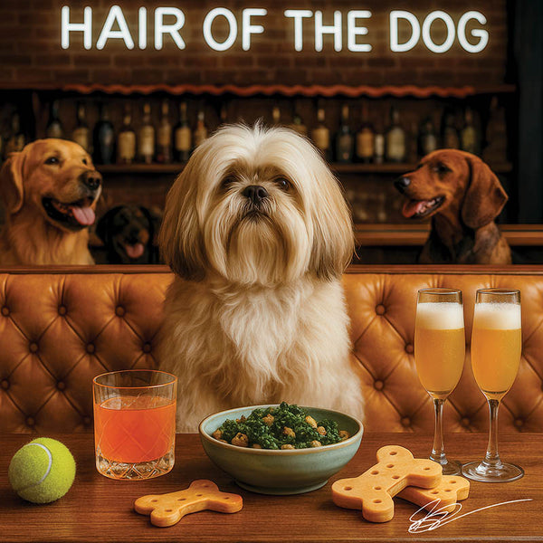 Hair of the Dog Lhasa Apso 007 Ruff & Ready Funny Canine Art neon lights, bacon-woven flair, and egg murals