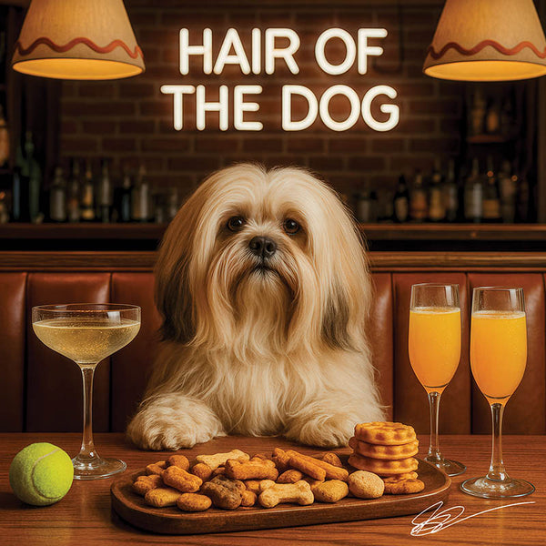 Hair of the Dog Lhasa Apso 009 Ruff & Ready Funny Canine Art neon lights, bacon-woven flair, and egg murals