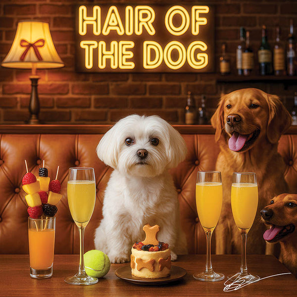 Hair of the Dog Maltese 001 Ruff & Ready Funny Canine Art neon lights, bacon-woven flair, and egg murals