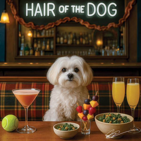 Hair of the Dog Maltese 003 Ruff & Ready Funny Canine Art neon lights, bacon-woven flair, and egg murals
