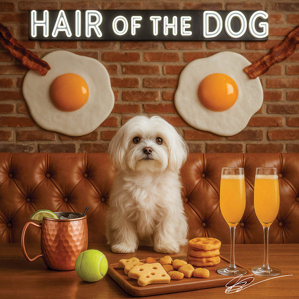 Hair of the Dog Maltese 005 Ruff & Ready Funny Canine Art neon lights, bacon-woven flair, and egg murals
