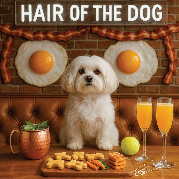 Hair of the Dog Maltese 009 Ruff & Ready Funny Canine Art neon lights, bacon-woven flair, and egg murals