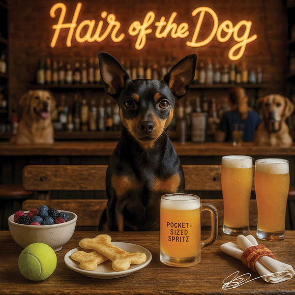 Hair of the Dog Miniature Pinscher 004 Ruff & Ready Funny Canine Art neon lights, bacon-woven flair, and egg murals