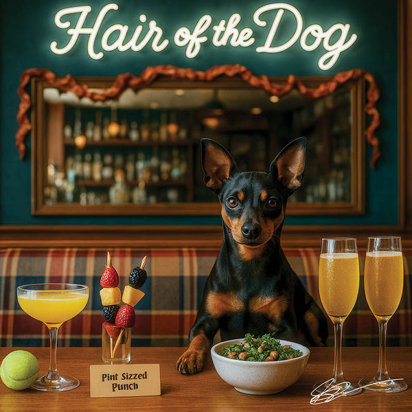 Hair of the Dog Miniature Pinscher 005 Ruff & Ready Funny Canine Art neon lights, bacon-woven flair, and egg murals