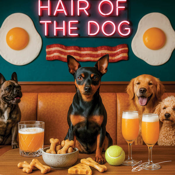 Hair of the Dog Miniature Pinscher 006 Ruff & Ready Funny Canine Art neon lights, bacon-woven flair, and egg murals