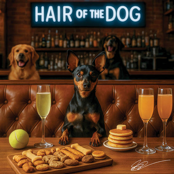 Hair of the Dog Miniature Pinscher 013 Ruff & Ready Funny Canine Art neon lights, bacon-woven flair, and egg murals