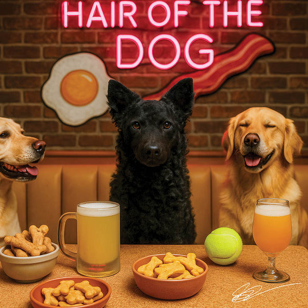 Hair of the Dog Mudi 002 Ruff & Ready Funny Canine Art neon lights, bacon-woven flair, and egg murals