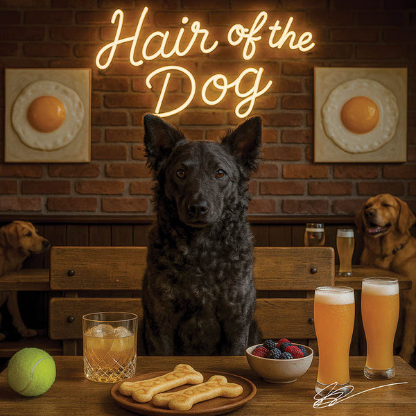 Hair of the Dog Mudi 006 Ruff & Ready Funny Canine Art neon lights, bacon-woven flair, and egg murals