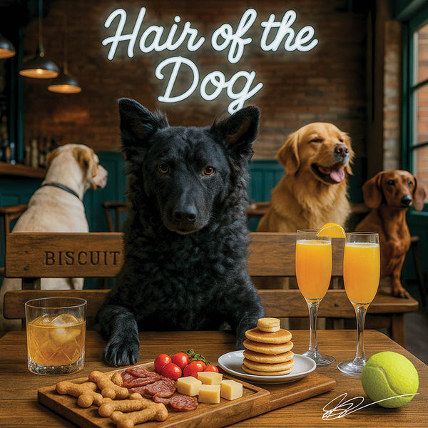 Hair of the Dog Mudi 008 Ruff & Ready Funny Canine Art neon lights, bacon-woven flair, and egg murals