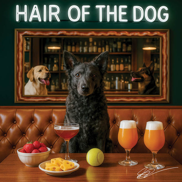 Hair of the Dog Mudi 012 Ruff & Ready Funny Canine Art neon lights, bacon-woven flair, and egg murals