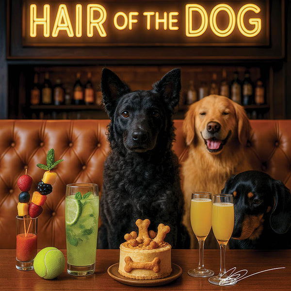 Hair of the Dog Mudi 013 Ruff & Ready Funny Canine Art neon lights, bacon-woven flair, and egg murals