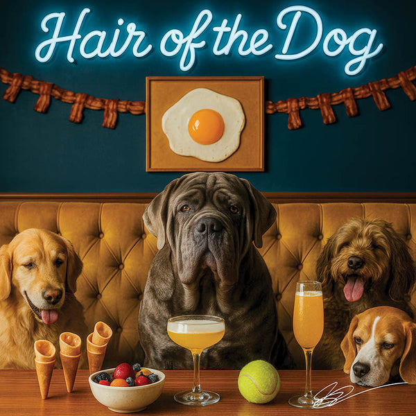 Hair of the Dog Neapolitan Mastiff 001 Ruff & Ready Funny Canine Art neon lights, bacon-woven flair, and egg murals